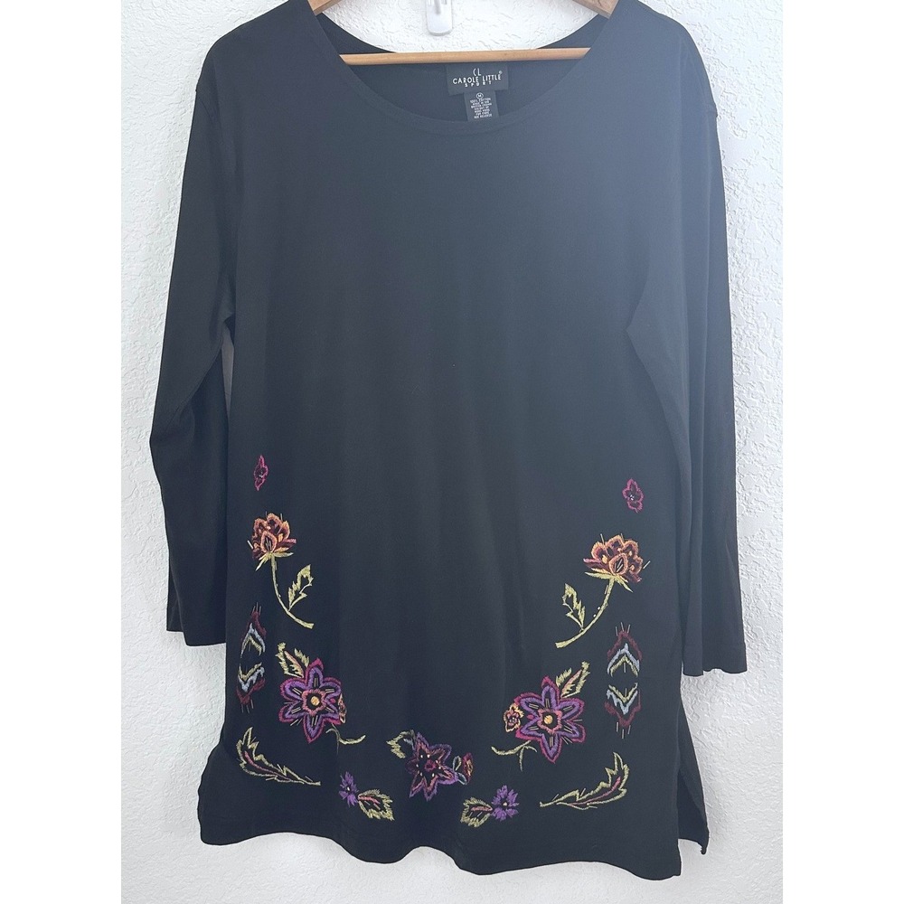 Carole Little Embroidered Floral Boho Hippie Tunic Top Womens M‎ Black Cotton